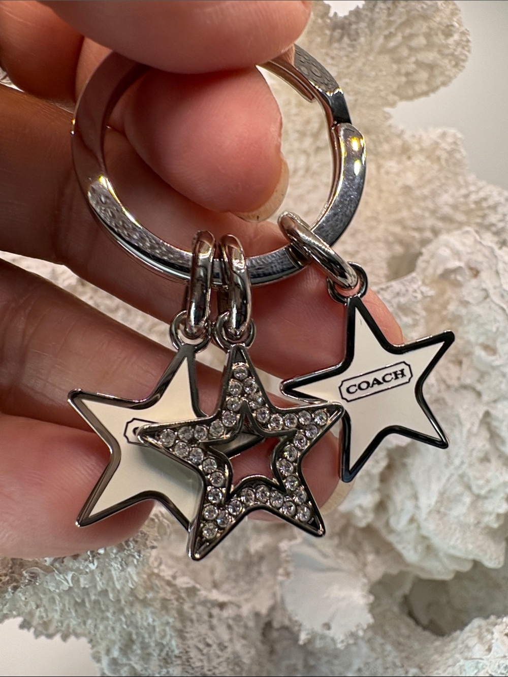 Coach White and Silver Star Charm Keychain